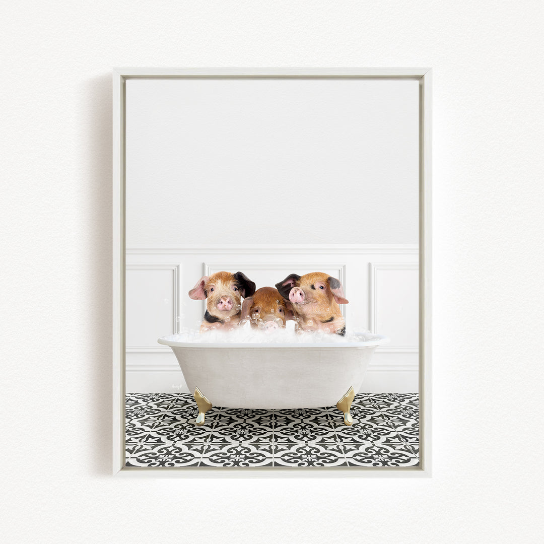 Three adorable pigs sitting in a white bathtub filled with bubbles, creating a playful and whimsical scene.