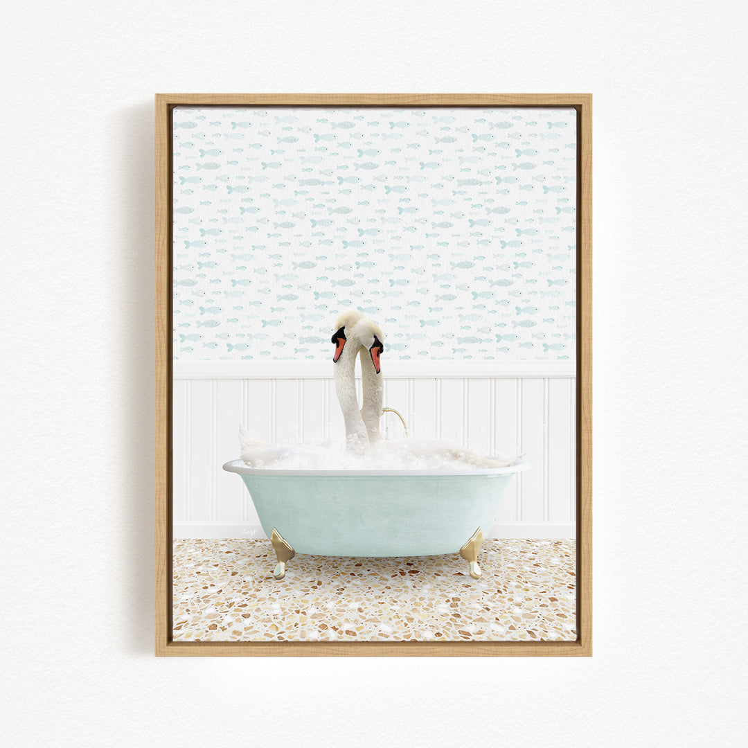 A swan is sitting in a bathtub filled with bubbles, with its head and legs submerged in the water.