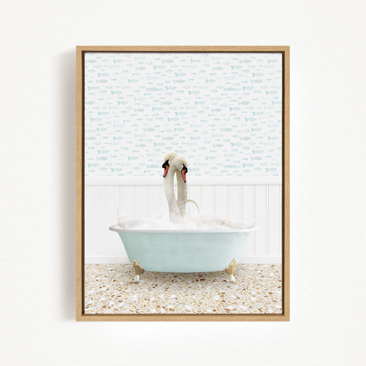 A swan is sitting in a bathtub filled with bubbles, with its head and legs submerged in the water.