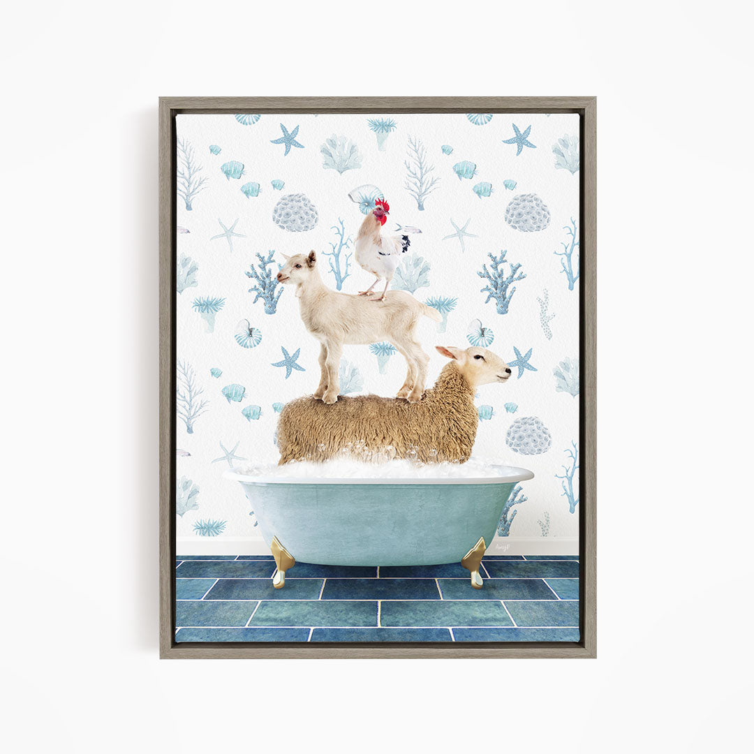 A framed image depicting a goat standing on a sheep in a bathtub, with a chicken perched on top of the sheep.