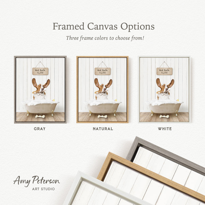 three framed canvas options, each featuring a dog in a bathtub. The options include a gray frame, a natural frame, and a white frame. The text above the images reads " Framed Canvas Options" and "Three frame colors to choose from!"