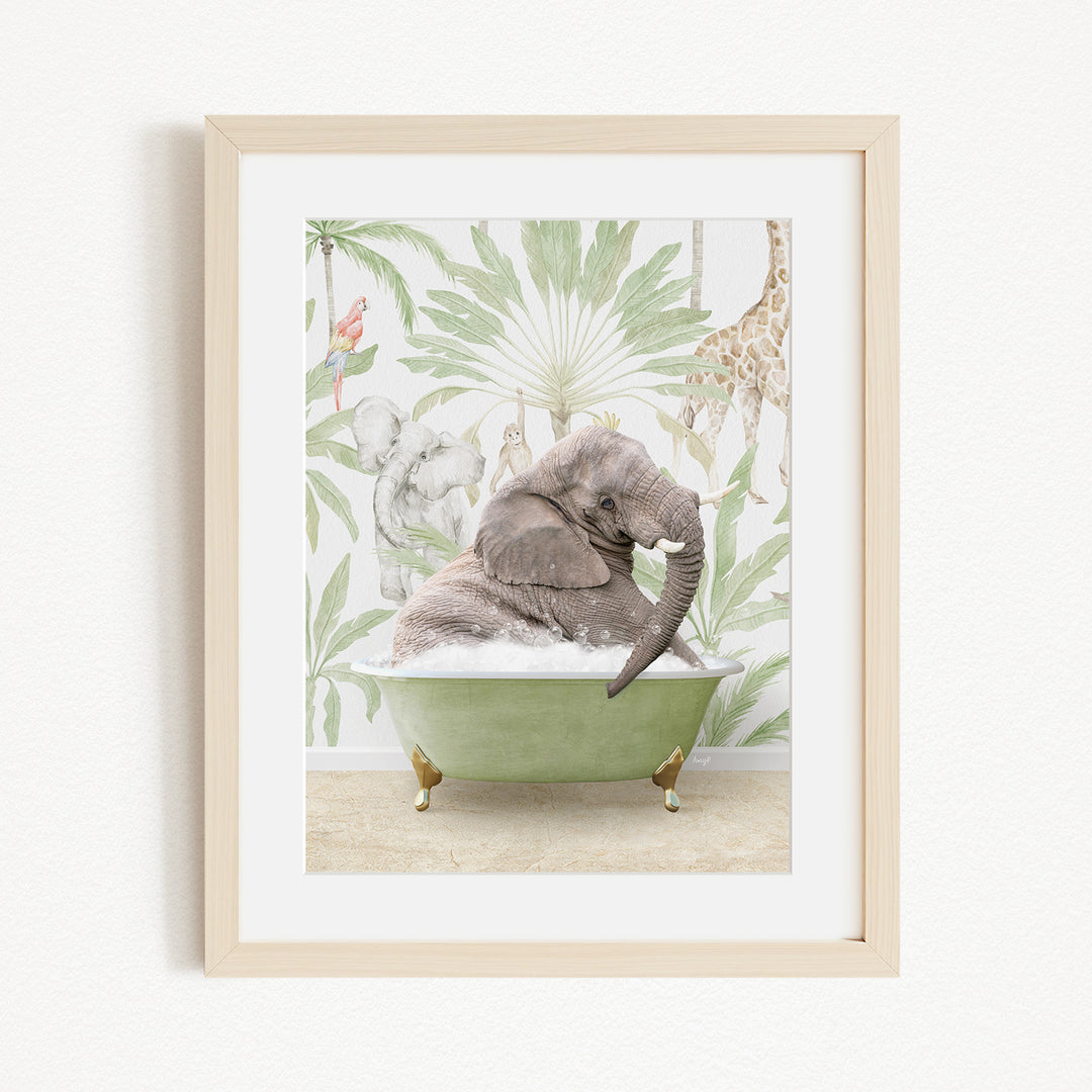 A framed image depicting an elephant sitting in a green bathtub, surrounded by tropical foliage and other animals.