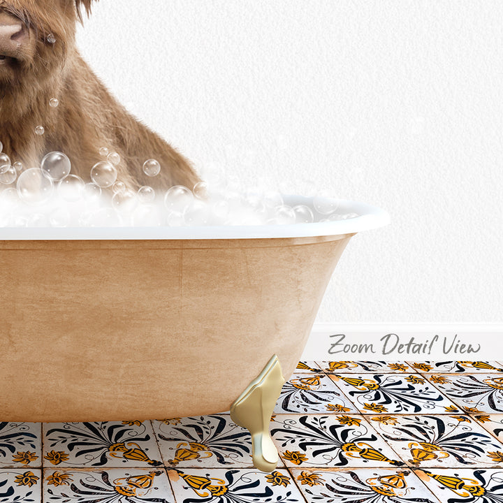 A brown dog is sitting in a bathtub filled with bubbles, with a patterned tile floor visible in the background.