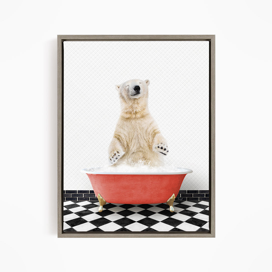 A polar bear sitting in a red bathtub filled with water, surrounded by a black and white checkered floor.