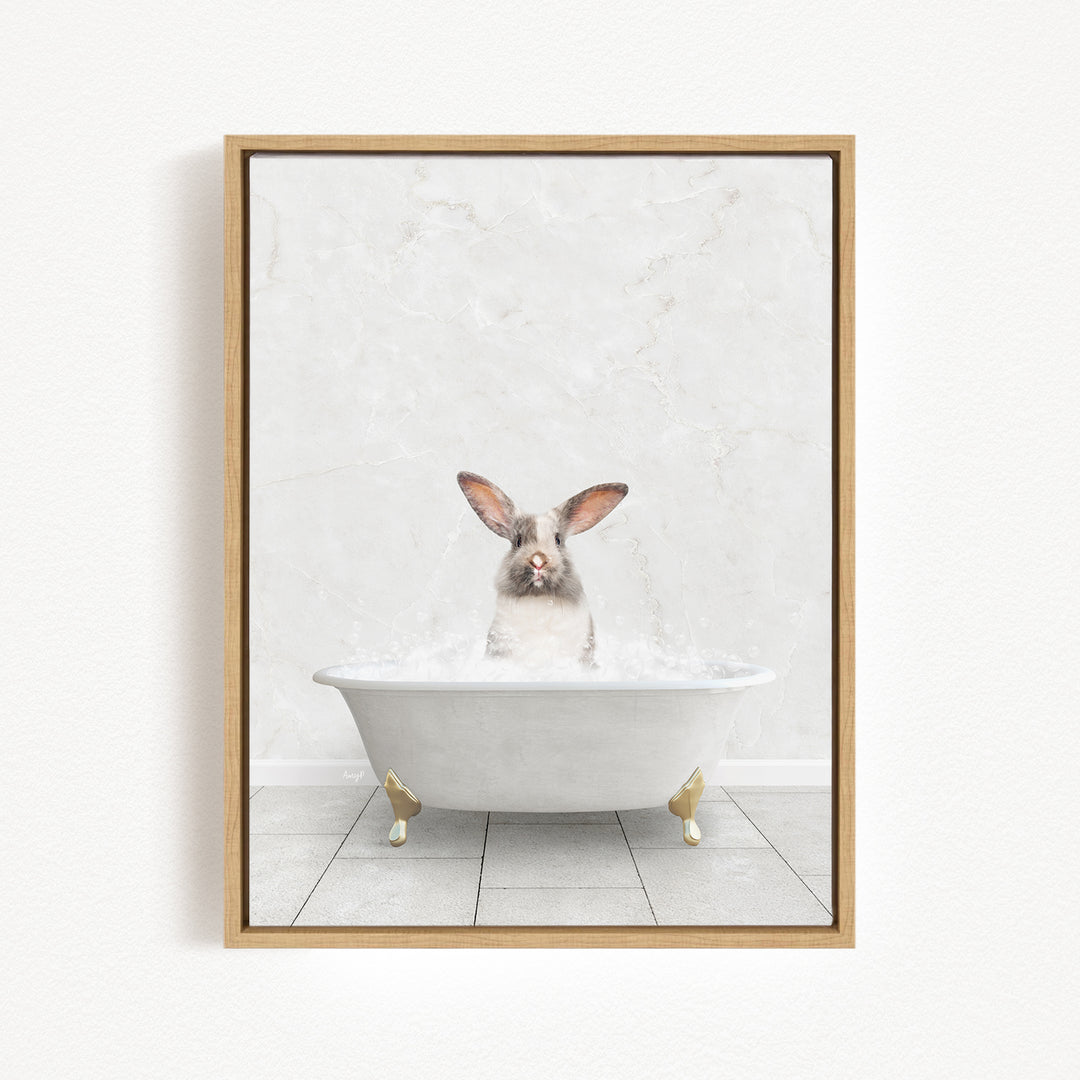 A white rabbit sitting in a white bathtub filled with water, with its head above the water level.