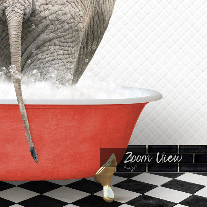 A large elephant is standing in a red bathtub filled with bubbles, with a gold shoe placed on the floor next to the tub.