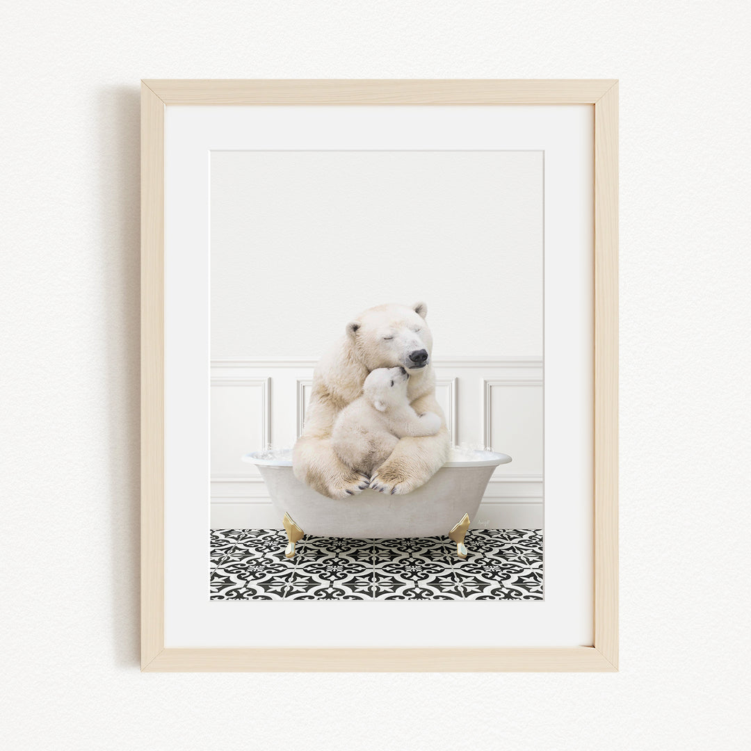 A polar bear is sitting in a bathtub, with its head resting on a baby polar bear, creating a heartwarming scene.