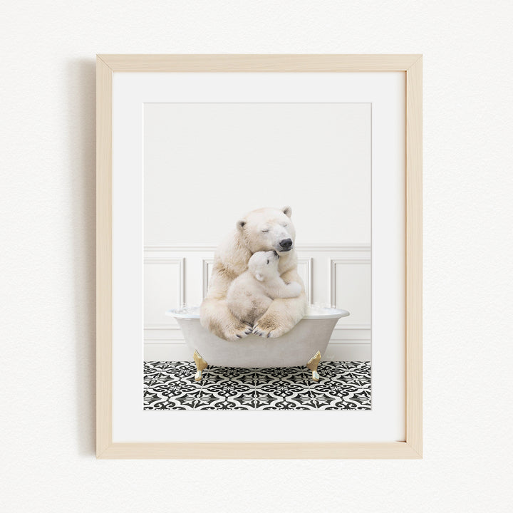 A polar bear is sitting in a bathtub, with its head resting on a baby polar bear, creating a heartwarming scene.