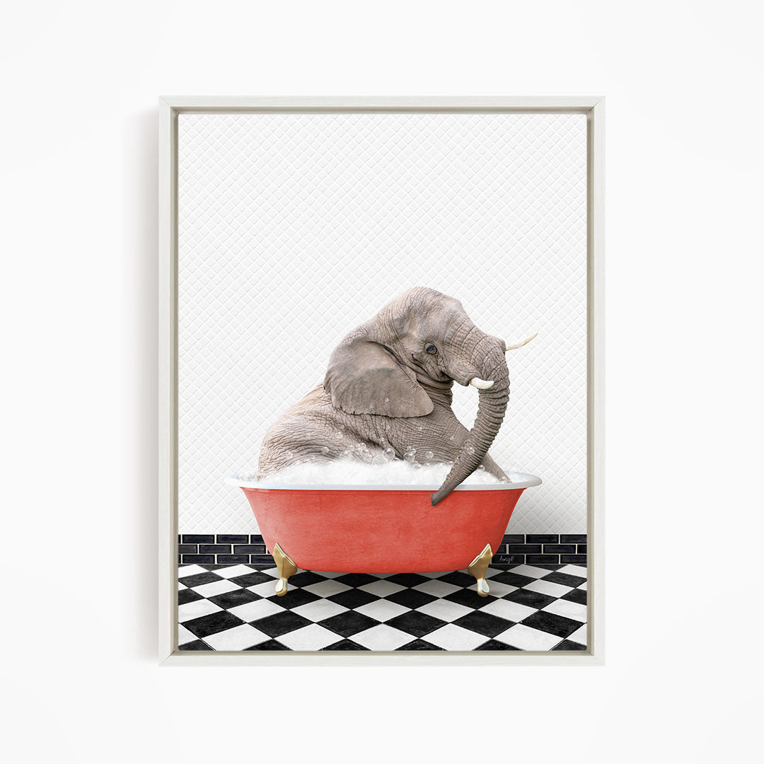 A gray elephant sitting in a red bathtub filled with water, surrounded by a black and white checkered floor.