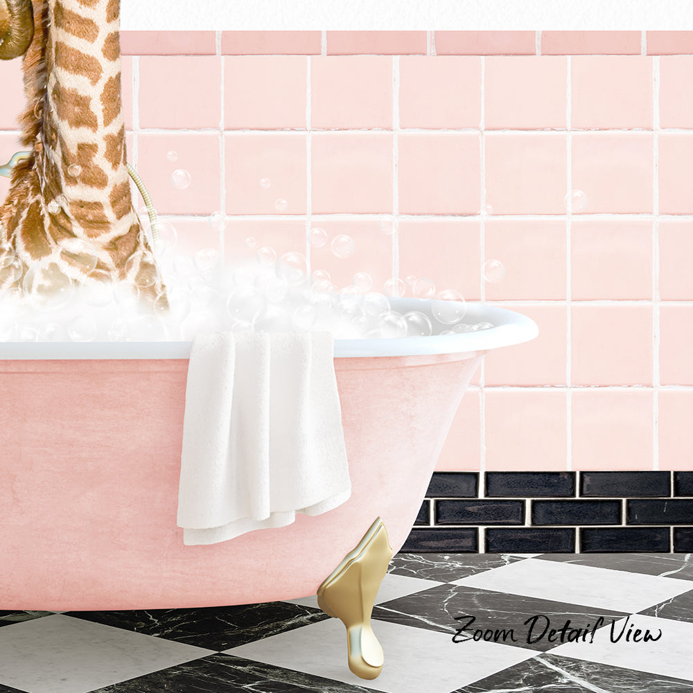 A giraffe standing in a pink bathtub filled with bubbles, with a towel hanging on the side and a checkered floor in the background.