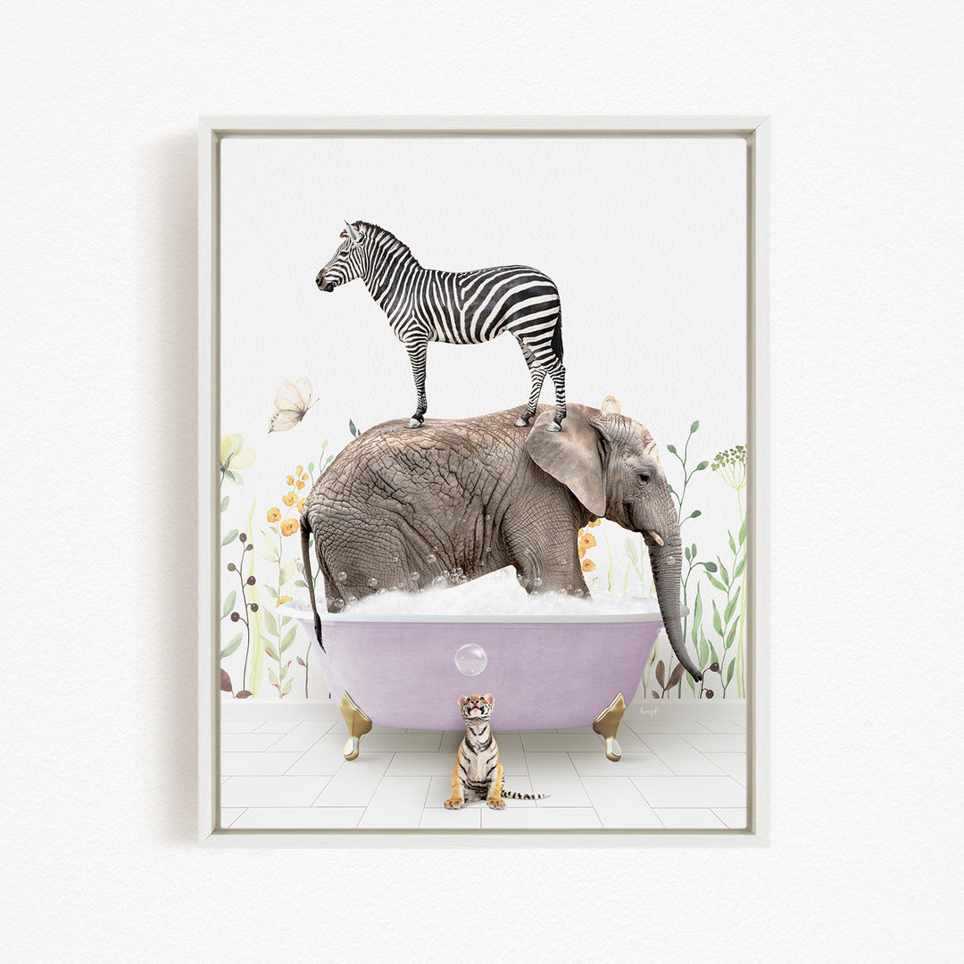 A zebra stands on the back of an elephant, which is submerged in a bathtub, with a tiger sitting nearby.