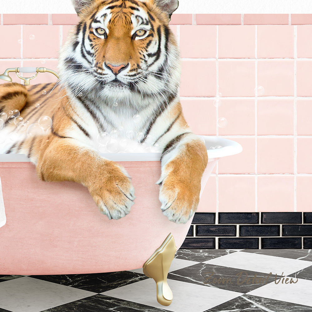 A tiger is sitting in a pink bathtub, surrounded by pink tiles and a black and white checkered floor.