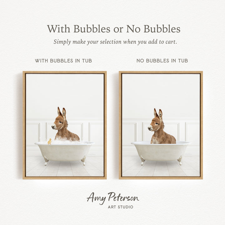 The image is a collage of two framed pictures depicting a dog sitting in a bathtub. The dog appears to be enjoying a bath, with bubbles surrounding it. The collage is titled "With Bubbles or No Bubbles" and is created by Amy Peterson from Art Studio.
