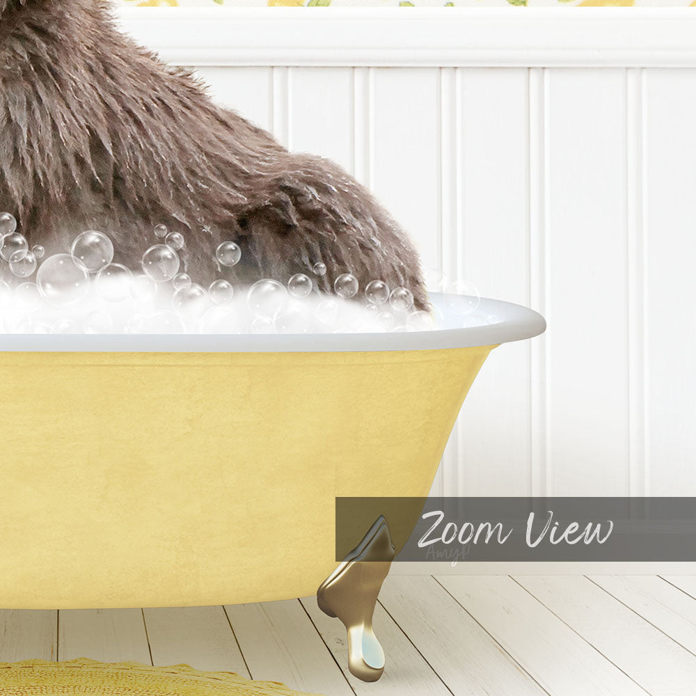 A close-up of a dog's paw submerged in a yellow bathtub filled with bubbles, with a white wall and wooden floor in the background.