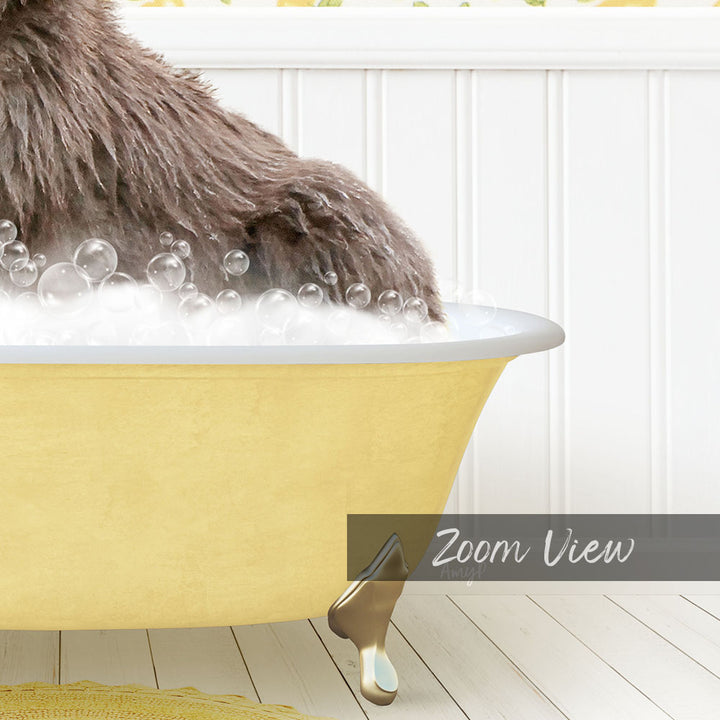 A close-up of a dog's paw submerged in a yellow bathtub filled with bubbles, with a white wall and wooden floor in the background.