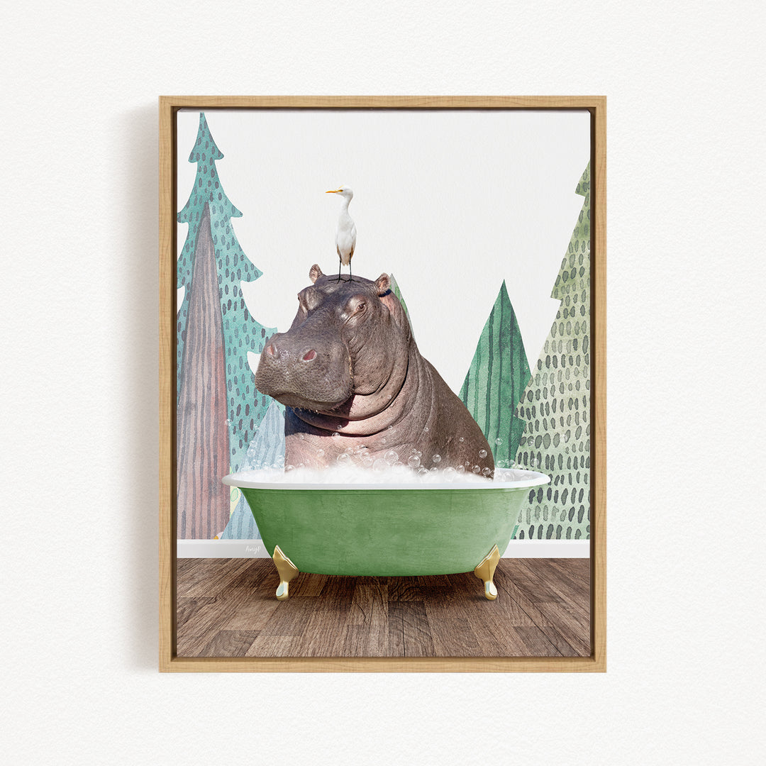 A hippopotamus sitting in a green bathtub, with a seagull perched on its head.