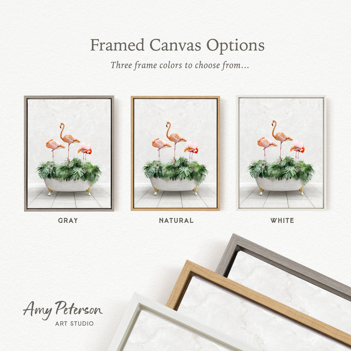 three framed canvas options, each featuring a different color and frame style. The options include a gray frame, a natural frame, and a white frame. The text above the options reads " Framed Canvas Options" and "Three frame colors to choose from...". The text below the options reads "GRY", "NATURAL", and "WHITE". The artist's name, " Amy Peterson ART STUDIO", is also present.