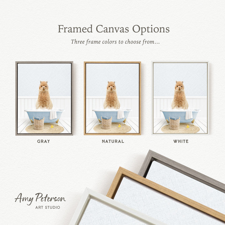 The image is a framed canvas option showcasing three different colored frames for a picture of a dog sitting in a bathtub.