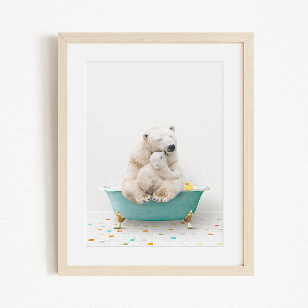 A polar bear and a cub are sitting together in a bathtub, with a yellow rubber duck floating nearby.