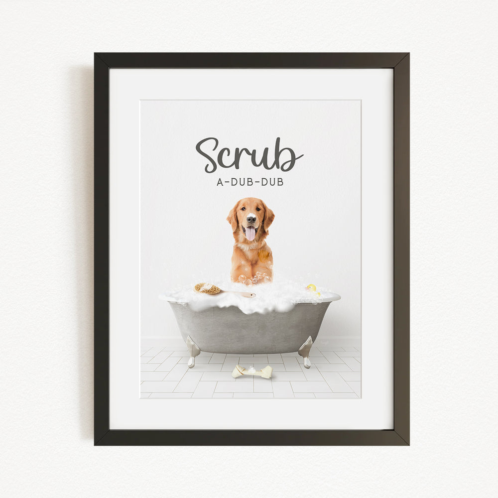 A golden retriever dog sitting in a bathtub filled with bubbles, with the text "Scrub A-DUB-DUB" above it.