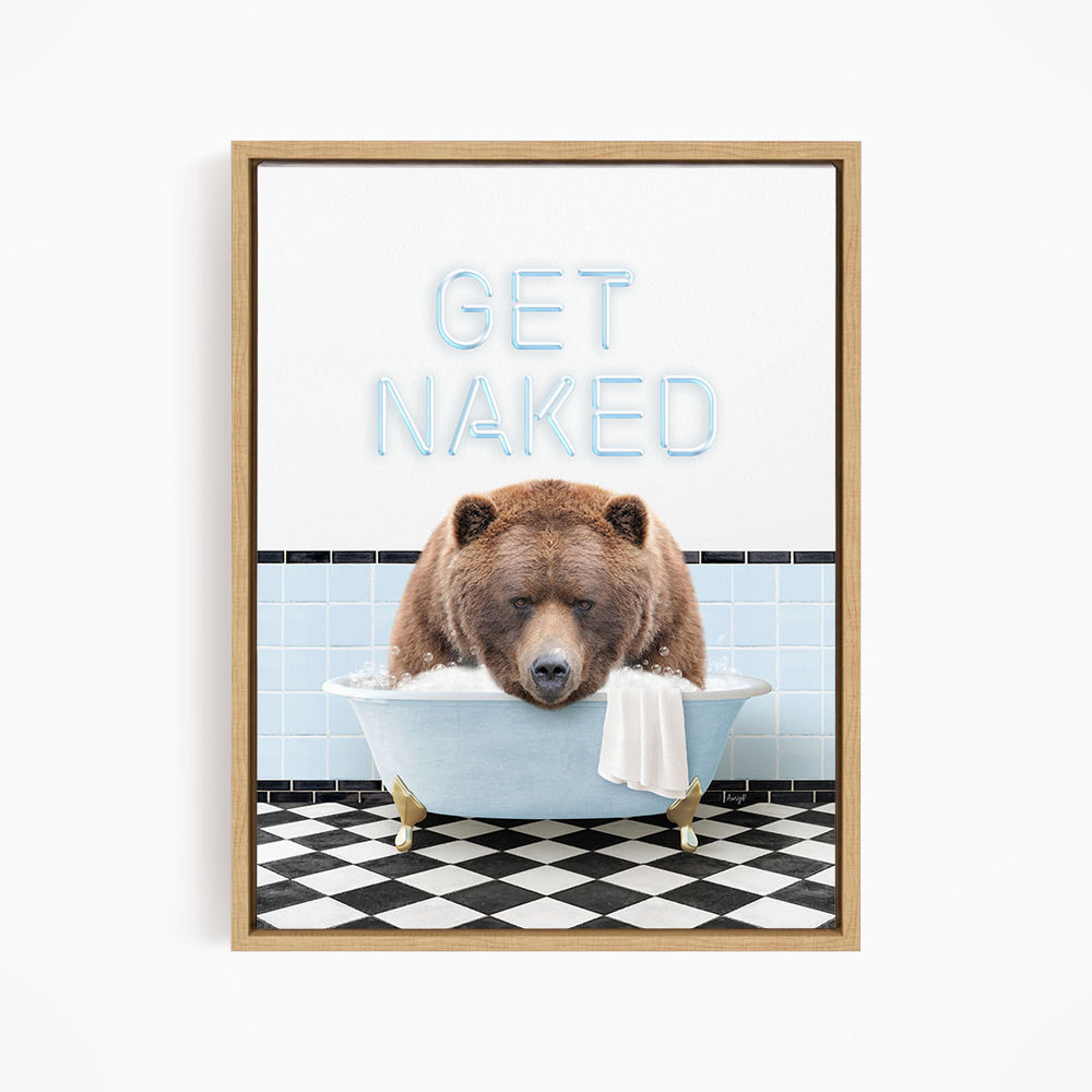 A brown bear sitting in a bathtub with the text "GET NAKED" displayed above it.
