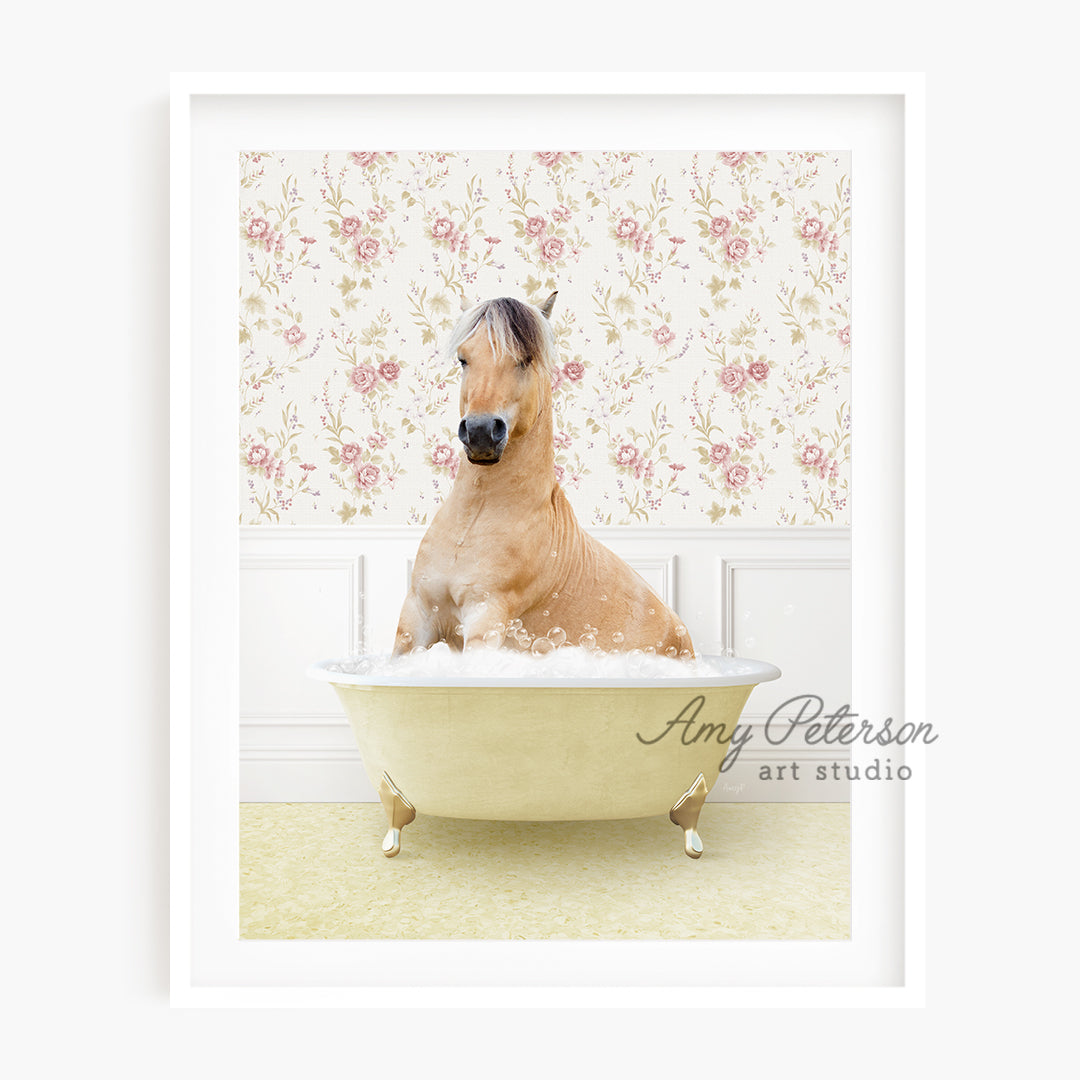 a horse sitting in a bathtub in a room