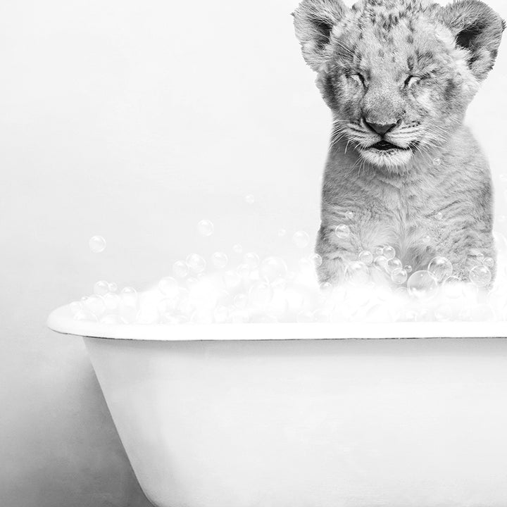 a baby lion sitting in a bathtub with bubbles