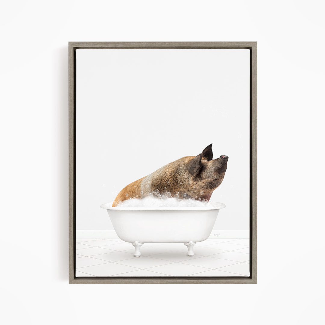 A pig sitting in a white bathtub filled with bubbles, enjoying a relaxing bath.