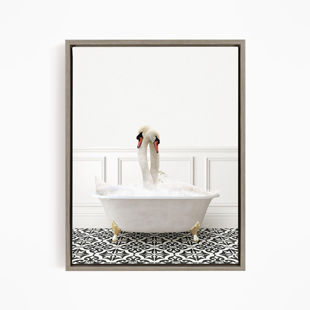 A pair of swans sitting in a white bathtub filled with bubbles, creating a whimsical and charming scene.