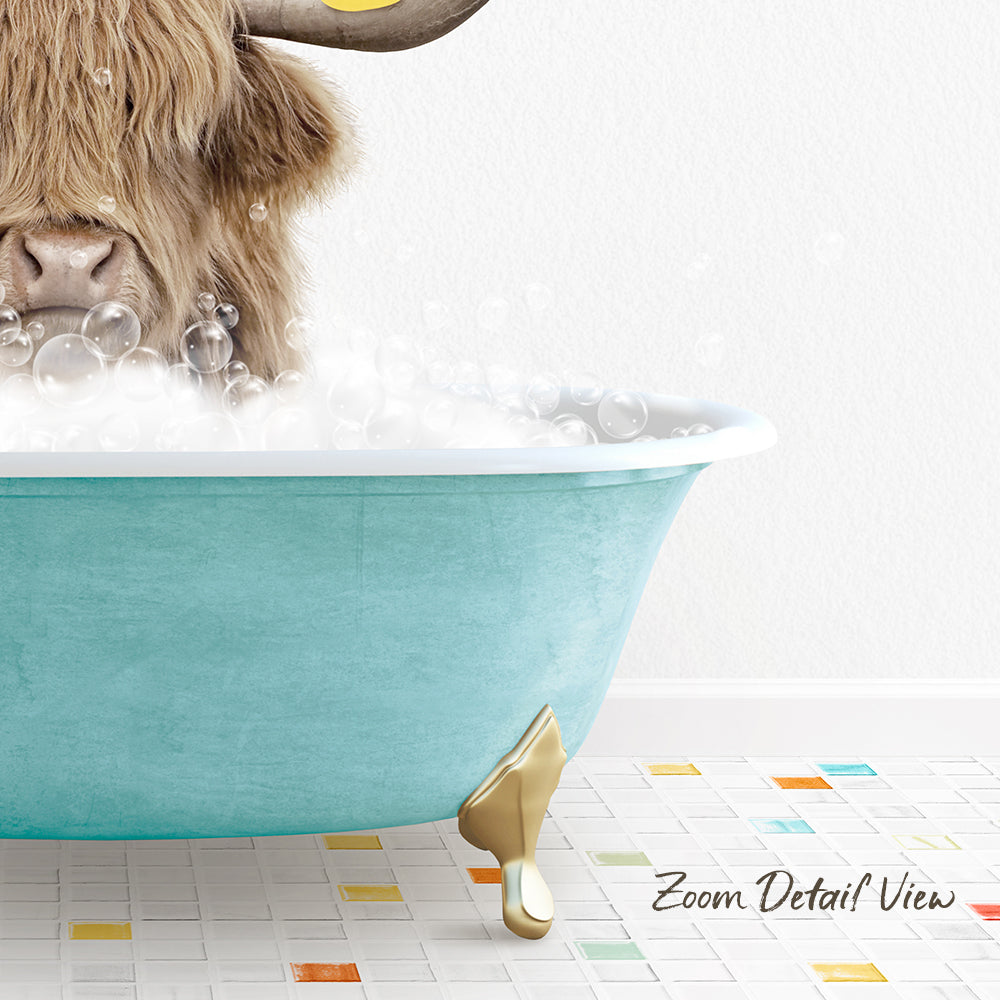 A large, light blue bathtub filled with bubbles, with a large, furry animal, possibly a yak or a cow, sitting inside it.