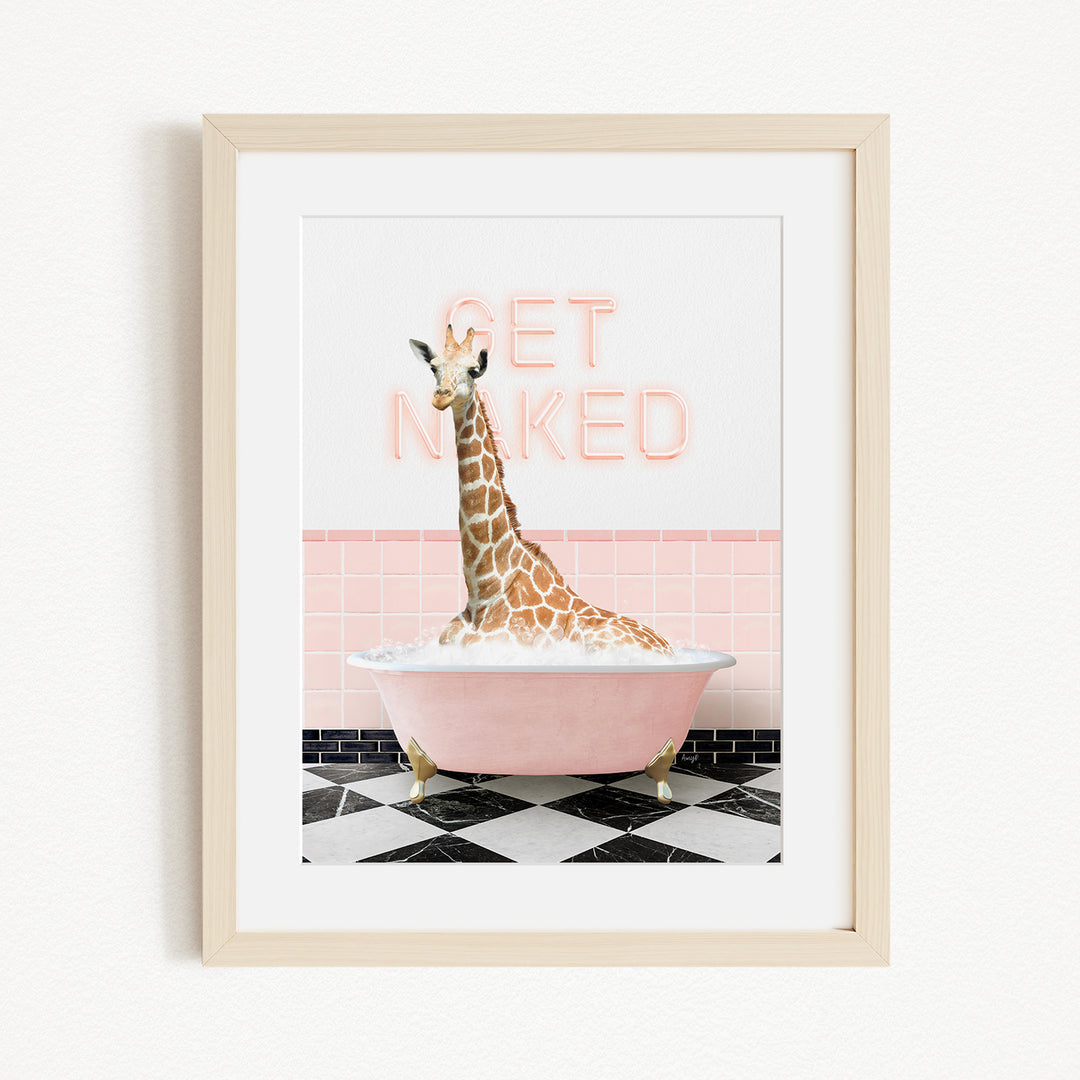 A giraffe sitting in a pink bathtub with the text "GET NAKED" displayed above it.
