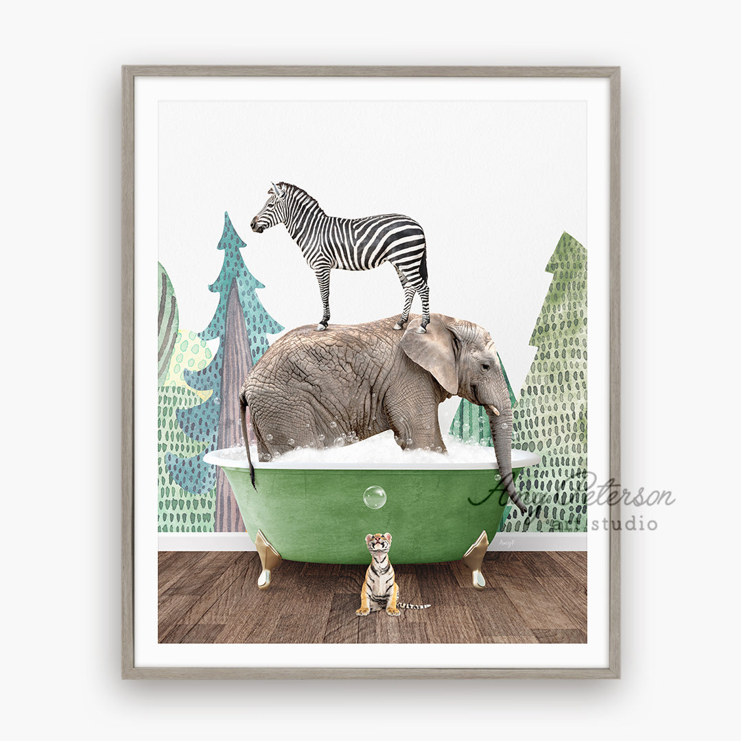 a picture of a zebra and an elephant in a bathtub