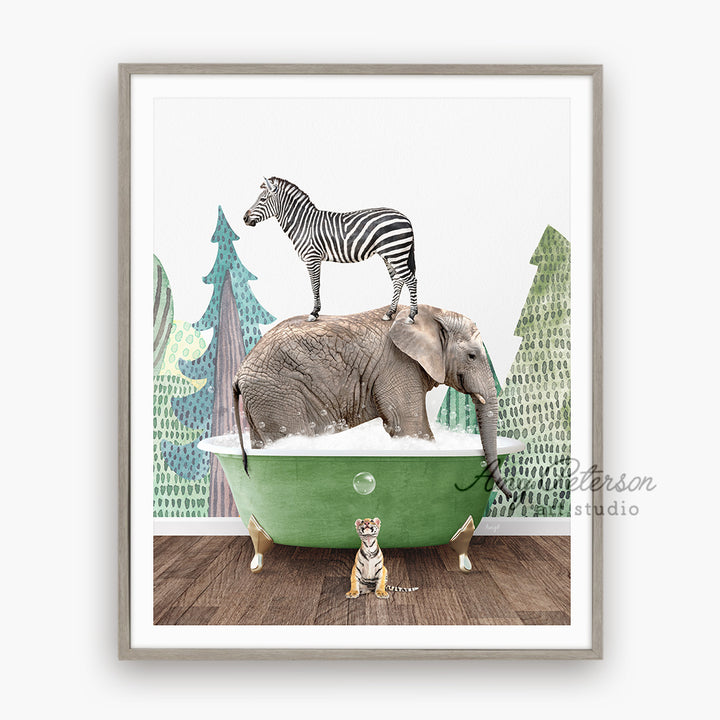 a picture of a zebra and an elephant in a bathtub