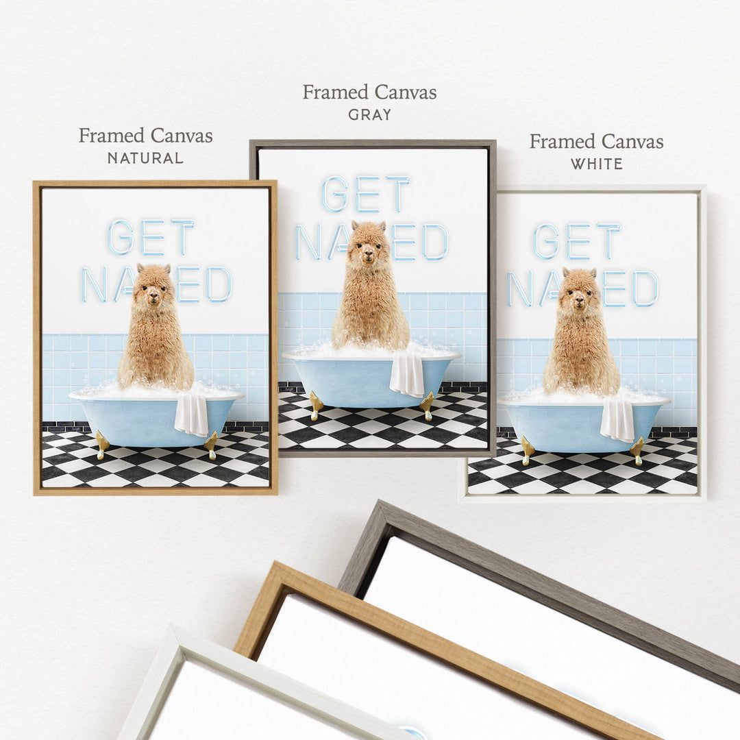 The image is a framed canvas print depicting a brown dog sitting in a bathtub filled with water, with the words "GET NAKED" written on the side of the tub.