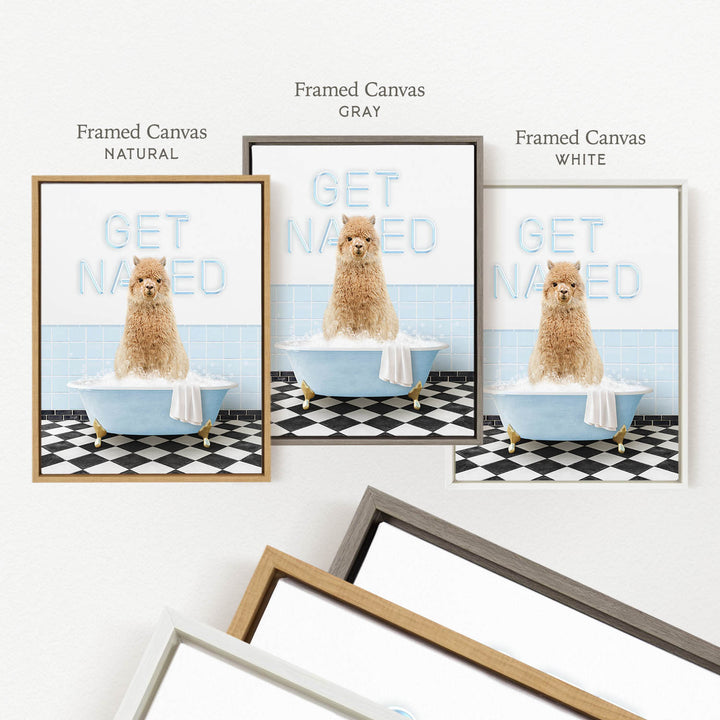 The image is a framed canvas print depicting a brown dog sitting in a bathtub filled with water, with the words "GET NAKED" written on the side of the tub.