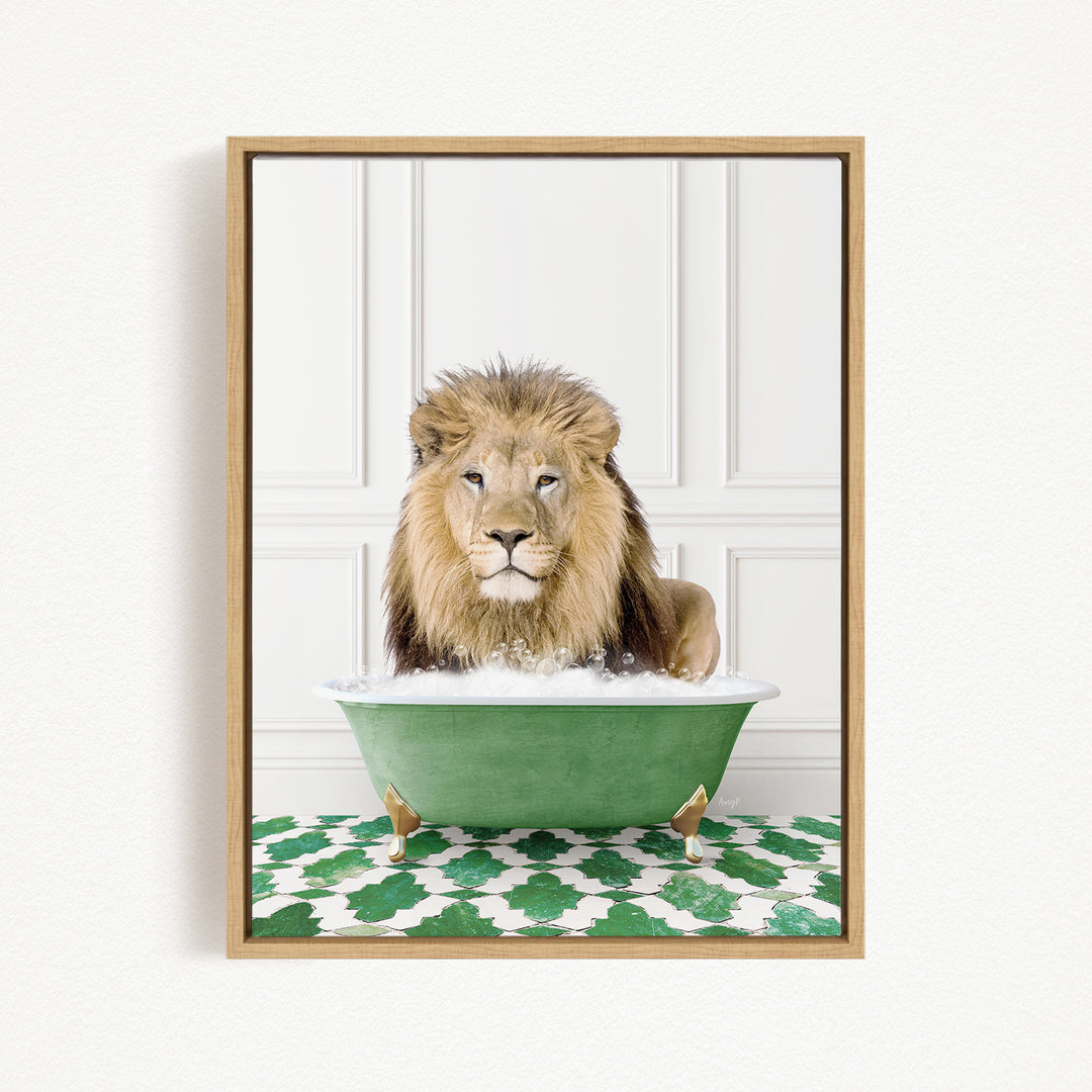 A lion sitting in a green bathtub filled with water, surrounded by a patterned green and white rug.