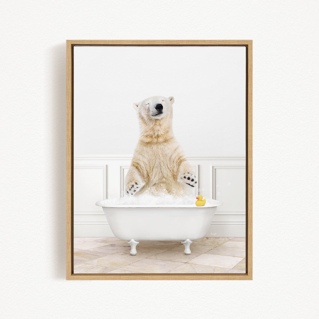 A polar bear sitting in a white bathtub, surrounded by a yellow rubber duck.