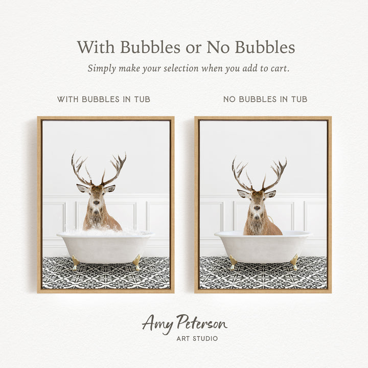The image is a collage of two framed pictures, each depicting a deer in a bathtub. The deer in the bathtub has antlers and is surrounded by bubbles, while the other deer in the bathtub does not have any bubbles. The text above the images reads "With Bubbles or No Bubbles Simply make your selection when you add to cart."