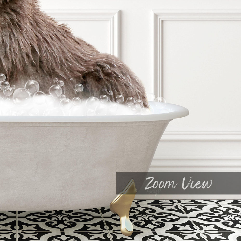 A close-up of a dog's paw submerged in a bathtub filled with bubbles, with a text overlay that reads "Zoom View".