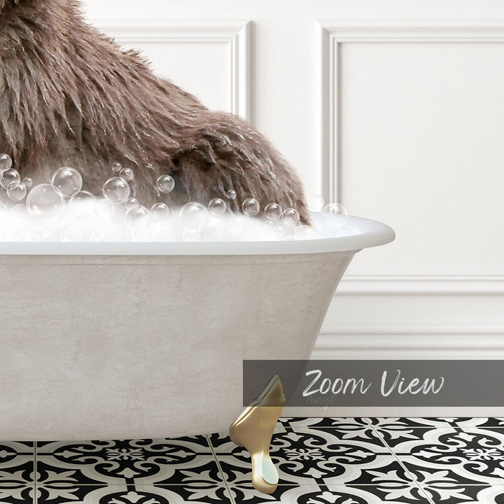 A close-up of a dog's paw submerged in a bathtub filled with bubbles, with a text overlay that reads "Zoom View".