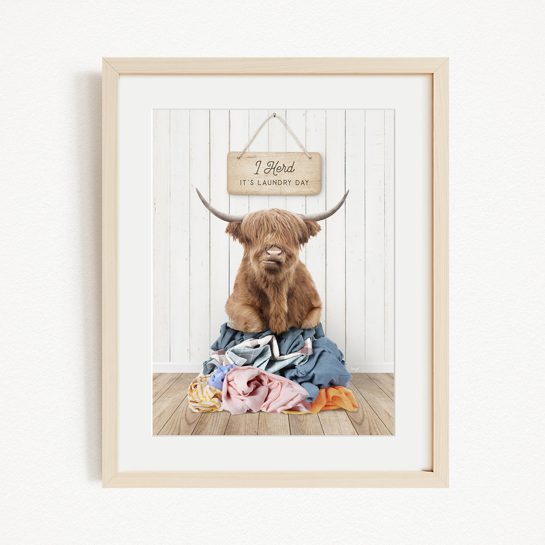 A framed image of a Highland cow with large horns sitting on a pile of clothes, with a sign above that says "It's laundry day".
