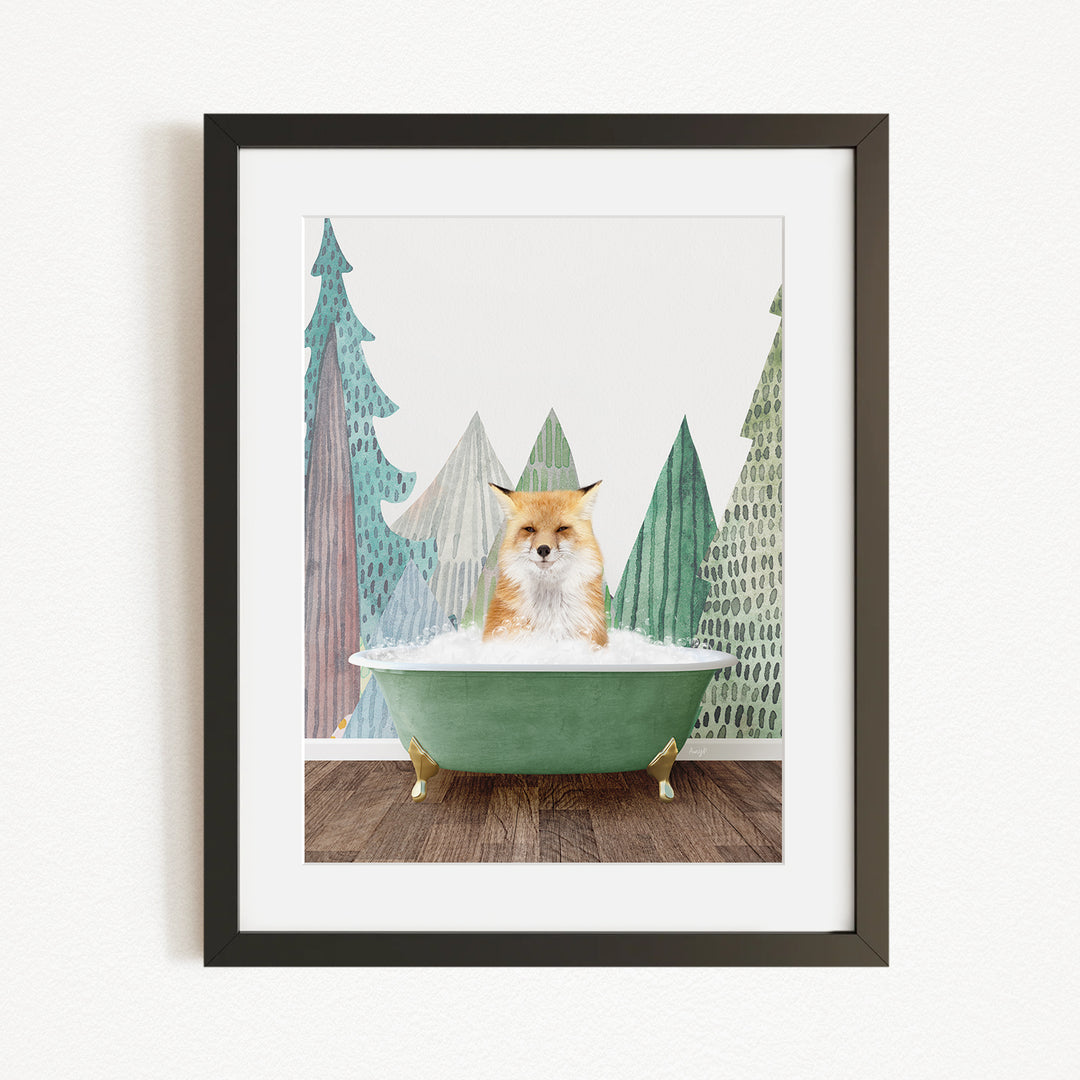 A fox is sitting in a green bathtub, surrounded by trees with green and brown foliage.