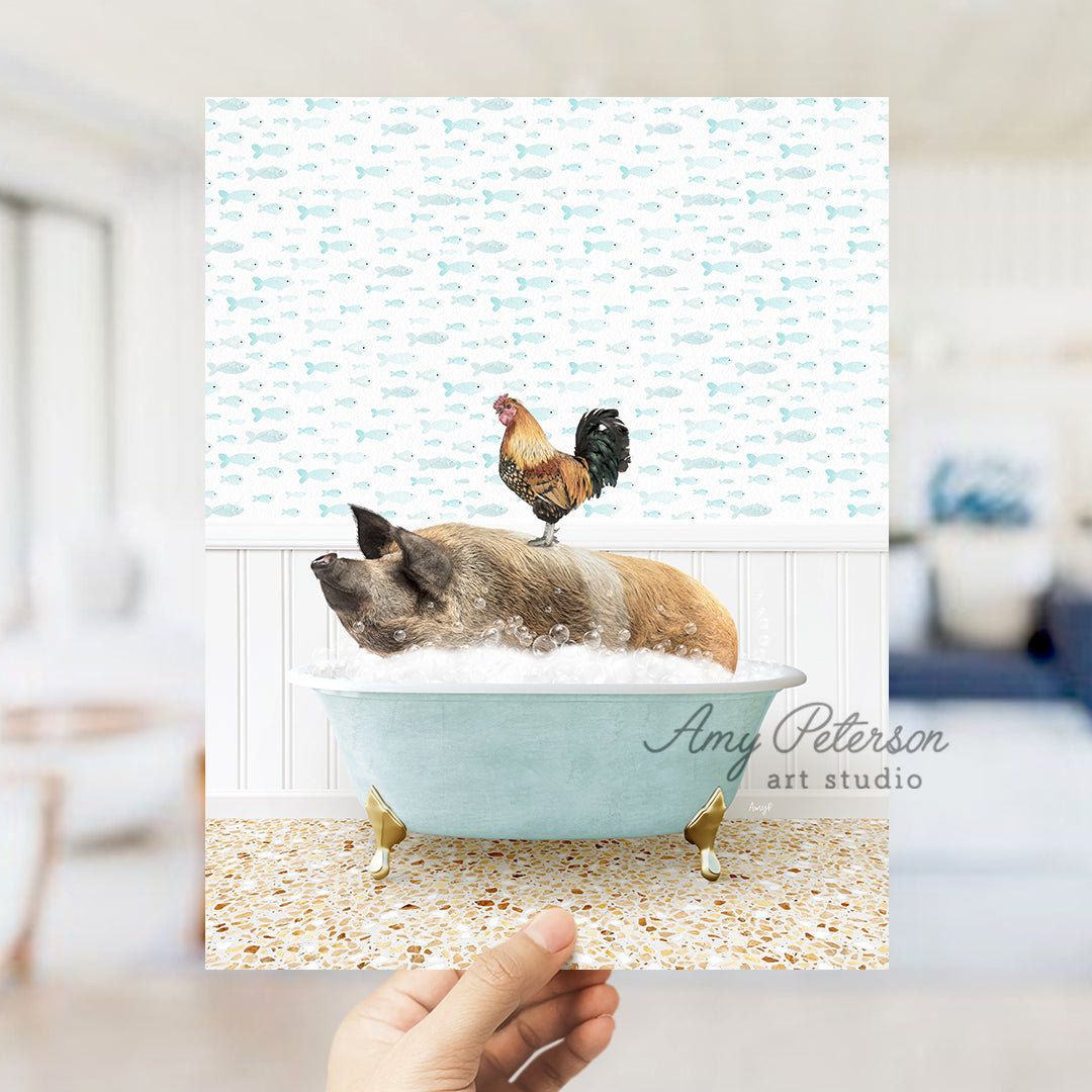 a dog taking a bath in a blue bathtub