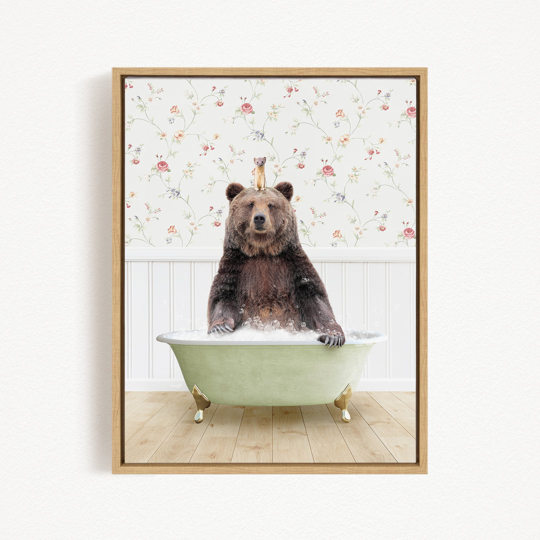 A brown bear sitting in a green bathtub, surrounded by a floral wallpaper.