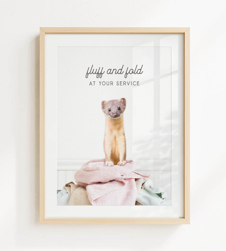 A framed image of a small animal, likely a cat, sitting on a pile of clothes and looking directly at the camera.