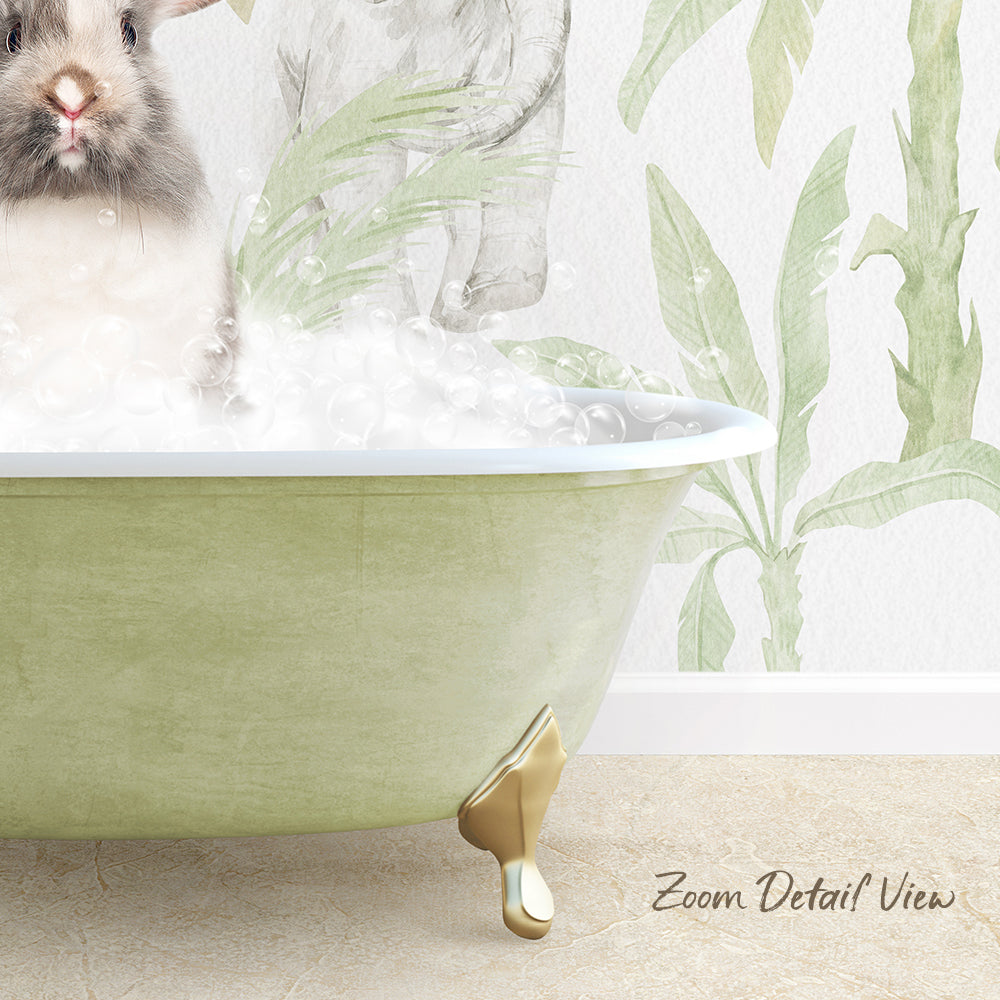 A white rabbit sitting in a green bathtub filled with bubbles, with a tropical plant motif on the wall behind it.