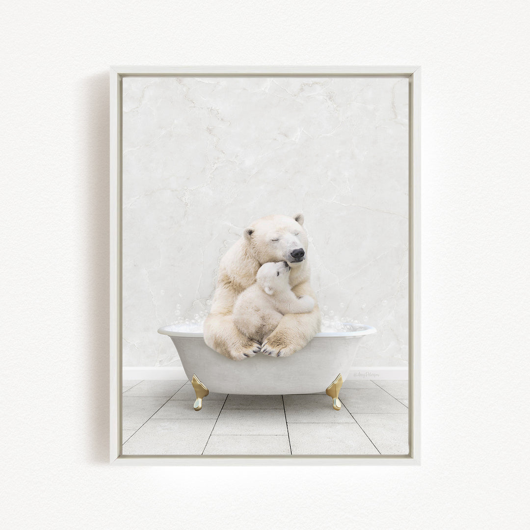 A polar bear and its cub sitting together in a white bathtub against a white marble wall.