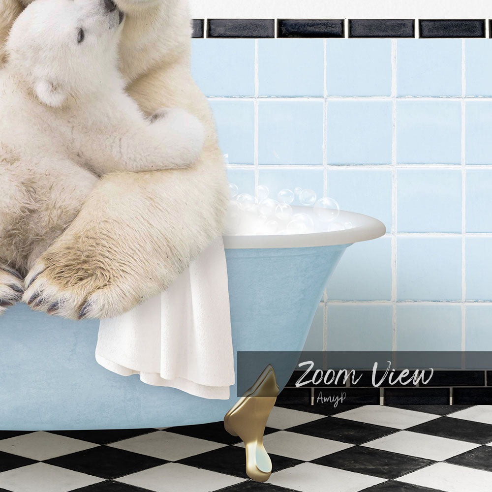 A polar bear is sitting in a blue bathtub, with bubbles surrounding it, and a black and white checkered floor in the foreground.