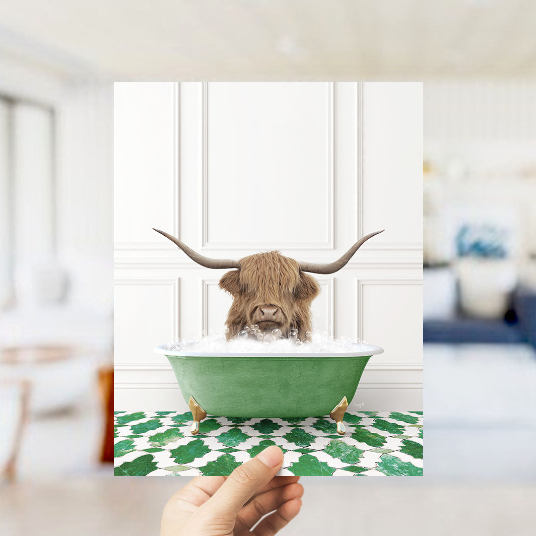 A Highland cow with large horns is sitting in a green bathtub filled with water, surrounded by a patterned green and white floor.