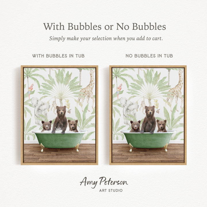 The image is a collage of two framed pictures, each depicting a group of bears sitting in a bathtub. The bears are brown and appear to be enjoying themselves in the bathtub. The text above the images reads "With Bubbles or No Bubbles" and below the images, it says "Simply make your selection when you add to cart."